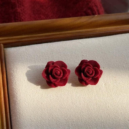 Velvet Red Rose Mini Stud Ear Tops Pair