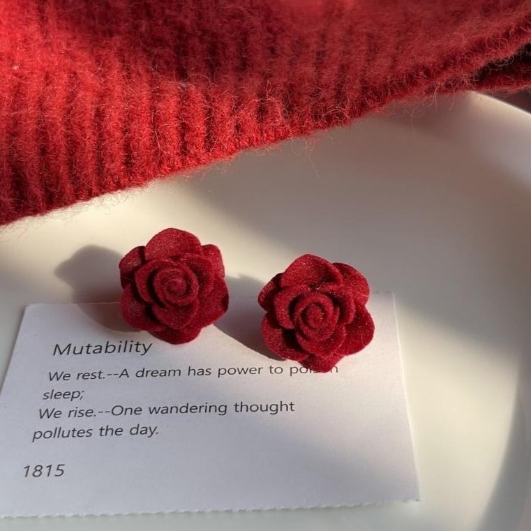 Velvet Red Rose Mini Stud Ear Tops Pair