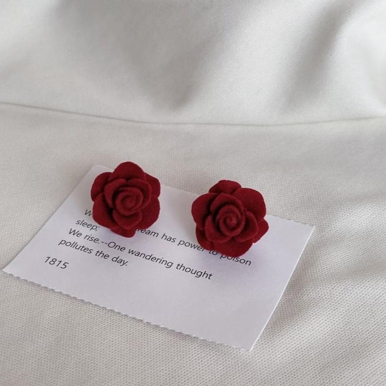 Velvet Red Rose Mini Stud Ear Tops Pair