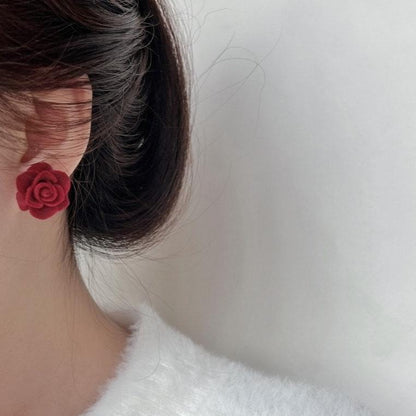 Velvet Red Rose Mini Stud Ear Tops Pair